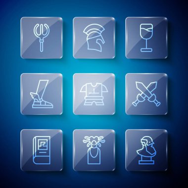 Yunan tarihi kitabı, Medusa Gorgon, Antik büst heykeli, şarap kadehi, vücut zırhı, Hermes sandaleti, Neptün mızrağı ve Orta Çağ kılıç ikonu. Vektör