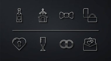 Şampanya şişesi, anahtar delikli kalp, elmas nişan yüzüğü, alyans, bir kadeh şampanya, kilise binası, tebrik kartı ve papyon ikonu. Vektör