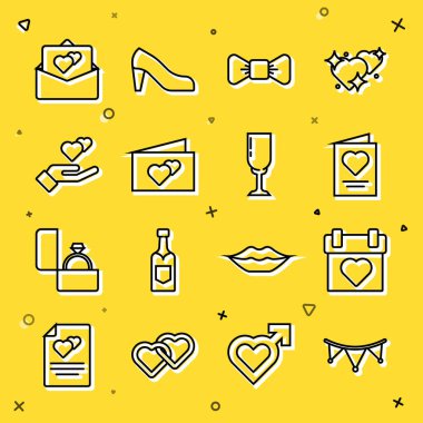 Bayraklı karnaval çelengi, takvim, tebrik kartı, papyon, kalp el ve bir kadeh şampanya ikonu. Vektör