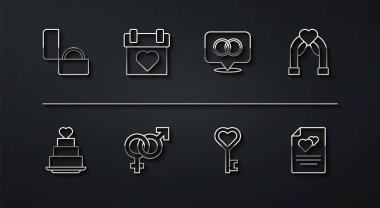 Elmas nişan yüzüğü, kalp, kemer, anahtar şekli, cinsiyet, takvim, tebrik kartı ve yüzük ikonu olan düğün pastası. Vektör