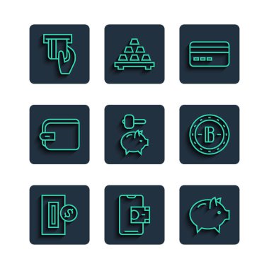 Satır yerleştirme madeni para, mobil bankacılık, Piggy, kredi kartı, ve çekiç, cüzdan, yerleştirilmiş ve Bitcoin simgesi. Vektör