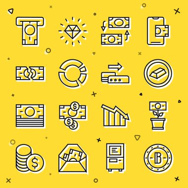 Hat Bitcoin, Para santrali çömlek, altın külçeleri, takas, pasta grafiği bilgileri, para banknotu, ATM ve Pos terminal ikonu yırtılması. Vektör