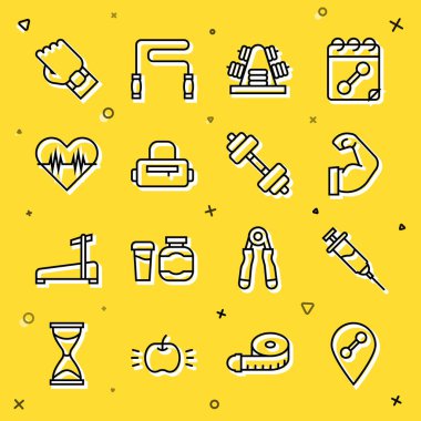 Çizgi konum jimnastik salonu, Doping şırıngası, vücut geliştirme kası, ağırlıklı metal raf, spor çantası, kalp atış hızı, akıllı saat kolu ve Dumbbell ikonu. Vektör