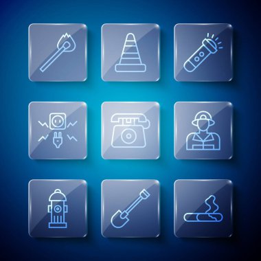 Yangın musluğu, kürek, sigara, el feneri, 911 'i ara, elektrik kıvılcımı, yangın kibriti ve itfaiyeci ikonu. Vektör