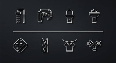 Duşlar, Sünger, lavabo, su musluğu, kurutma giysileri, mandal, su ve klozet ikonu. Vektör