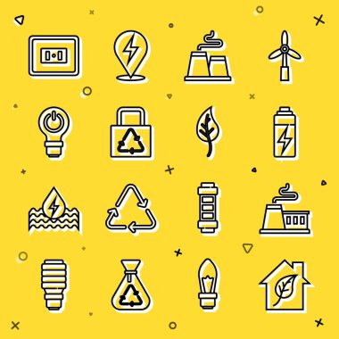 Çevre dostu ev, Fabrika, Batarya, geri dönüşümlü kağıt çanta, ampul ışığı, elektrik prizi ve Yaprak Yaprak ikonu. Vektör