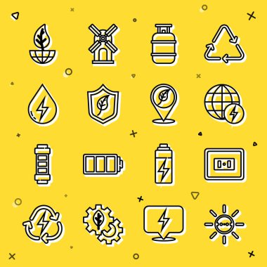 Güneş enerjisi panelini, elektrik prizini, küresel güç gezegenini, propan gaz tankını, yaprak, su, toprak küresi ve konum ikonlu kalkanı ayarla. Vektör