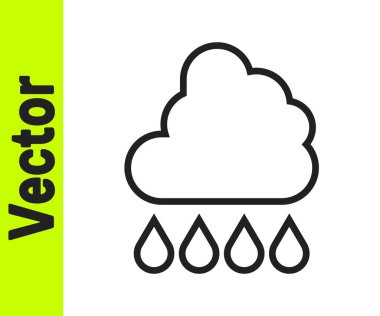 Beyaz zemin üzerinde yağmur ikonu olan siyah çizgi bulutu. Yağmur damlaları ile yağmur bulutu yağışı. Vektör