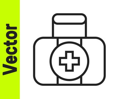 Siyah çizgi ilk yardım çantası simgesi beyaz arkaplanda izole edildi. Haçlı sağlık kutusu. Acil durumlar için tıbbi ekipman. Sağlık sigortası konsepti. Vektör
