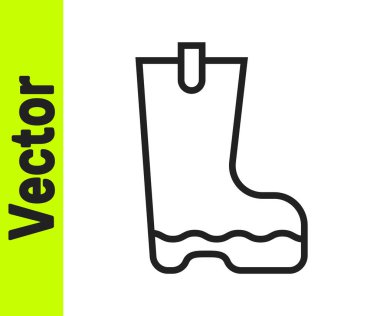 Siyah çizgi, su geçirmez lastik bot simgesi beyaz arkaplanda izole edilmiş. Yağmurlu hava, balıkçılık, bahçe işleri için çizme. Vektör