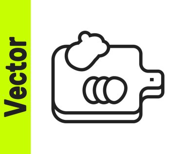 Siyah çizgi kesme tahtası ve beyaz arka planda izole edilmiş sebze ikonu. Kesme tahtası sembolü. Vektör