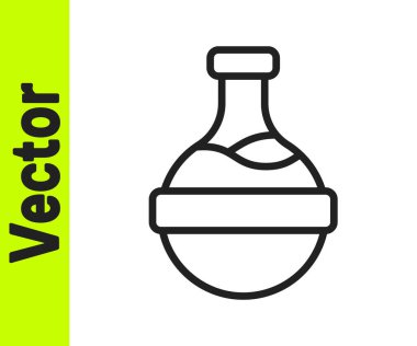 Beyaz zemin üzerinde iksir ikonu olan siyah çizgi şişesi. Sihirli iksirli matara. Mutlu Cadılar Bayramı Partisi. Vektör