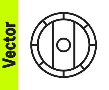 Beyaz arka planda siyah çizgi kalkan Viking ikonu izole edildi. Yuvarlak ahşap kalkan. Güvenlik, güvenlik, koruma, mahremiyet, koruma kavramı. Vektör