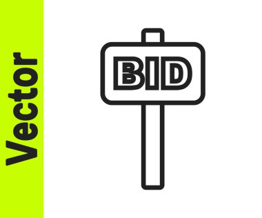 Beyaz arka planda siyah çizgili Hand açık arttırma raketi simgesi var. Teklif konsepti. Açık arttırma yarışması. BID yazıtları olan el kaldırma işaretleri. Vektör