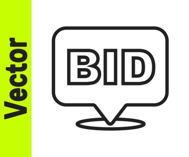 Beyaz arkaplanda siyah çizgi teklif simgesi izole edildi. Açık arttırma teklifi. Satış ve alıcılar. Vektör