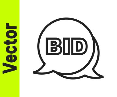 Beyaz arkaplanda siyah çizgi teklif simgesi izole edildi. Açık arttırma teklifi. Satış ve alıcılar. Vektör