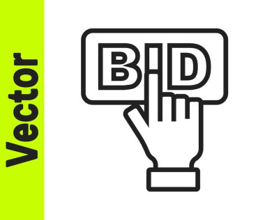 Beyaz arkaplanda siyah çizgi teklif simgesi izole edildi. Açık arttırma teklifi. Satış ve alıcılar. Vektör