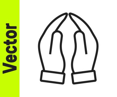 Siyah çizgi Eller dua pozisyonunda beyaz arkaplanda izole edilmiş ikon. Tanrı 'ya inanç ve umutla dua edin. Vektör