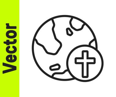 Siyah çizgi Hıristiyan, beyaz arka planda izole edilmiş dünya ikonu ile kesişiyor. Dünya dini günü. Vektör