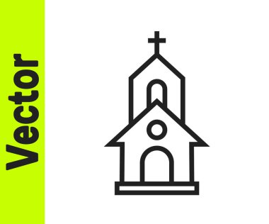 Siyah çizgi kilise binası ikonu beyaz arka planda izole edilmiş. Hıristiyan Kilisesi. Kilisenin dini. Vektör