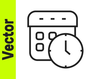 Siyah çizgi takvimi ve saat simgesi beyaz arkaplanda izole edildi. Program, randevu, organizatör, zaman çizelgesi, zaman yönetimi. Vektör