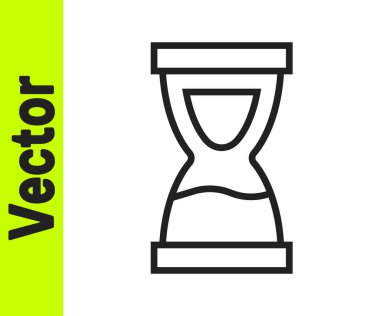 Siyah çizgi Beyaz zemin üzerinde kum ikonu akan eski kum saati. Kum saati işareti. İş ve zaman yönetimi kavramı. Vektör
