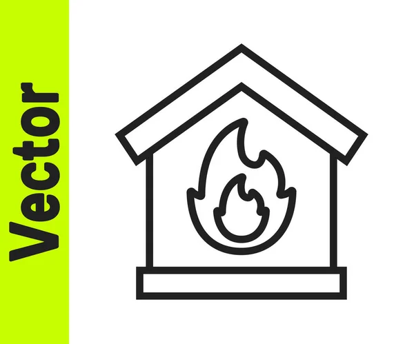 Black Line Fire Burning House Icon Isolated White Background Vector — Stock Vector