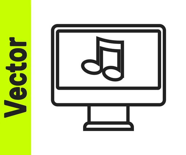 Zwarte Lijn Computer Met Muzieknoot Symbool Het Scherm Pictogram Geïsoleerd — Stockvector