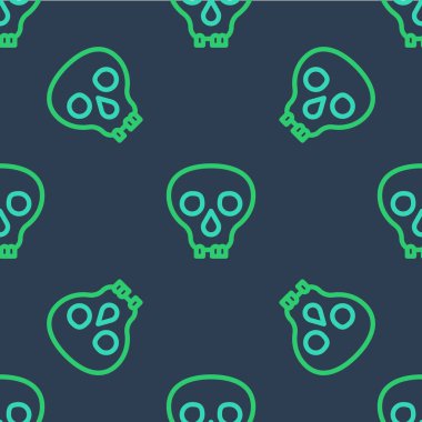 Çizgi Kurukafa simgesi mavi arka planda izole edilmiş kusursuz desen. Mutlu Cadılar Bayramı Partisi. Vektör