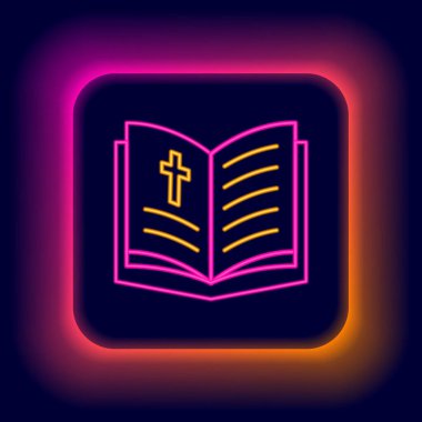 Parlayan neon hattı kutsal kitap ikonu siyah arka planda izole edildi. Renkli taslak konsepti. Vektör