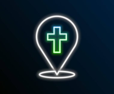 Parlak neon çizgisi haritası, siyah arka planda izole edilmiş kilise simgesi. Hıristiyan Kilisesi. Kilisenin dini. Renkli taslak konsepti. Vektör