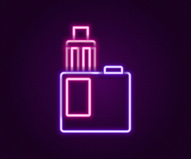 Parlayan neon hattı Vape mod aygıt simgesi siyah arkaplanda izole edildi. Tüttürme aleti. Buharlaştırıcı Cihaz. Renkli taslak konsepti. Vektör