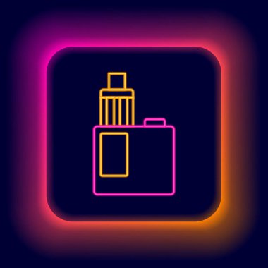 Parlayan neon hattı Vape mod aygıt simgesi siyah arkaplanda izole edildi. Tüttürme aleti. Buharlaştırıcı Cihaz. Renkli taslak konsepti. Vektör