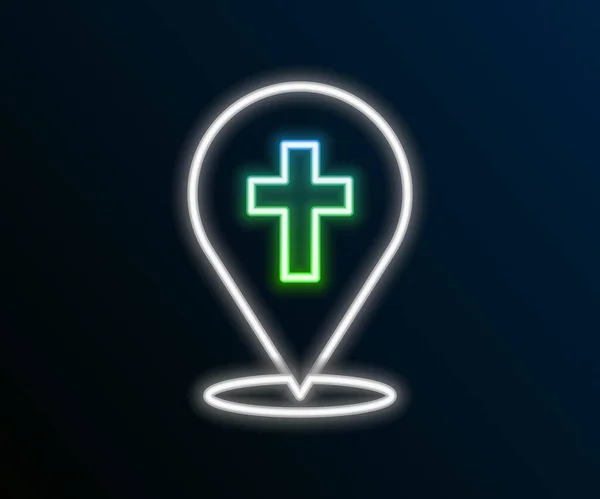 Glowing neon line Map pin church building icon isolated on black background. Christian Church. Religion of church. Colorful outline concept. Vector — Stock Vector