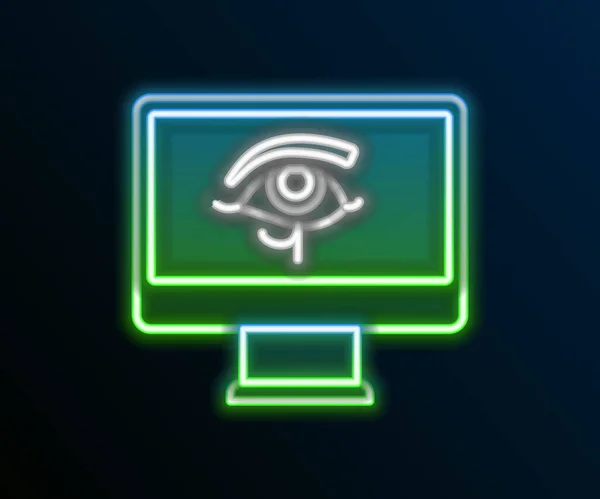 Glowing neon line Eye of Horus on monitor icon isolated on black background. Ancient Egyptian goddess Wedjet symbol of protection, royal power and good health. Colorful outline concept. Vector — Stock Vector