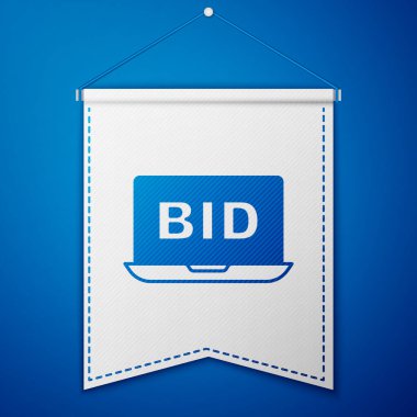 Blue Online açık artırma simgesi mavi arkaplanda izole edildi. Teklif tabelası. Açık arttırma teklifi. Satış ve alıcılar. Beyaz flama şablonu. Vektör