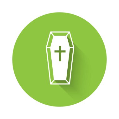 Beyaz Tabut ve Hıristiyan haç simgesi uzun gölgeli arka plan. Mutlu Cadılar Bayramı Partisi. Yeşil daire düğmesi. Vektör