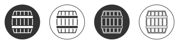 Czarna drewniana ikona lufy izolowana na białym tle. Beczka alkoholu, pojemnik na napoje, drewniana beczka na piwo, whisky, wino. Okrągły przycisk. Wektor — Wektor stockowy