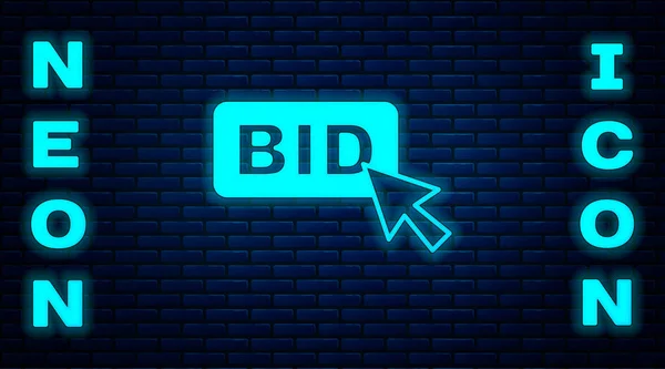 Glowing neon Bid icon isolated on brick wall background. Auction bidding. Sale and buyers. Vector — Stock Vector