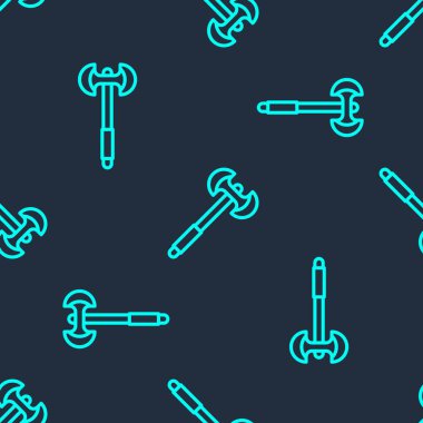 Yeşil çizgi Ortaçağ kutup balta simgesi mavi arka planda izole edilmiş kusursuz desen. Vektör