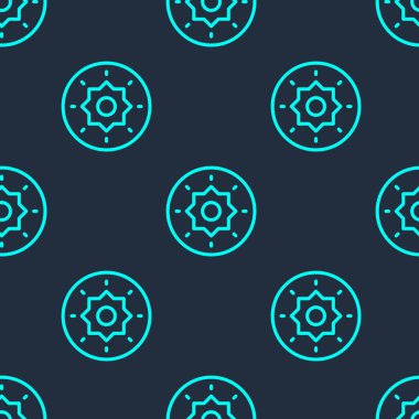 Yeşil çizgi Viking ikonu mavi arka planda izole edilmiş kusursuz desen. Yuvarlak ahşap kalkan. Güvenlik, güvenlik, koruma, mahremiyet, koruma kavramı. Vektör