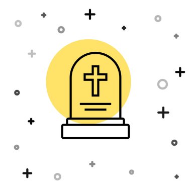 Mezar taşı simgesi beyaz arkaplanda izole edilmiş siyah çizgi. Rastgele dinamik şekiller. Vektör