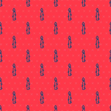 Mavi çizgi yanan mum simgesi kırmızı arkaplanda izole edilmiş pürüzsüz desen. Silindirik mum çubuğu ve yanan ateş. Vektör