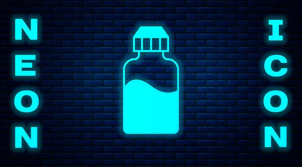 Gloeiende neon Vape vloeibare fles voor elektronische sigaretten pictogram geïsoleerd op bakstenen muur achtergrond. Vector — Stockvector