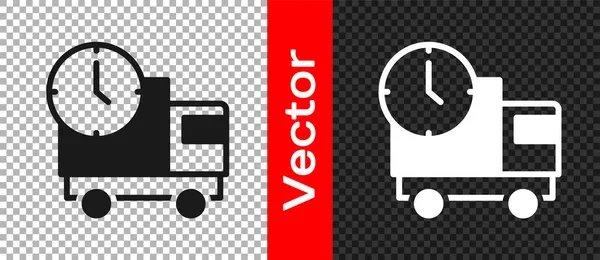 Camión de entrega Black Logistics e icono de tiempo aislado sobre fondo transparente. Icono de tiempo de entrega. Vector — Vector de stock