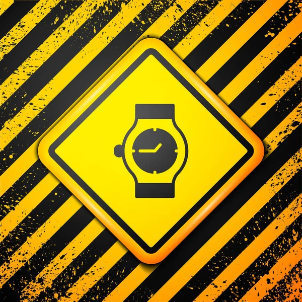 Černá ikona náramkových hodinek izolovaná na žlutém pozadí. Ikona hodinek. Varovné znamení. Vektor — Stockový vektor