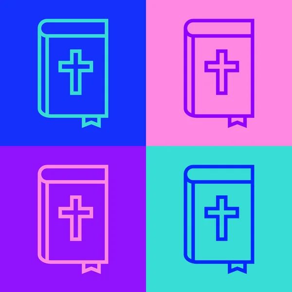 Pop art linea Sacra icona del libro della bibbia isolato su sfondo a colori. Vettore — Vettoriale Stock