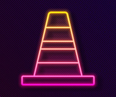 Parlayan neon hattı trafik konisi simgesi siyah arkaplanda izole edildi. Vektör