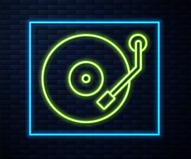 Duvarda izole edilmiş vinil disk ikonu olan parlak neon çizgili Vinil oynatıcı. Vektör