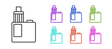 Siyah çizgi Vape mod aygıt simgesi beyaz arkaplanda izole edildi. Tüttürme aleti. Buharlaştırıcı Cihaz. Simgeleri renklendirin. Vektör